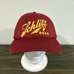 Schlitz Beer American Needle Rope Snapback Hat Maroon Red Yellow Mesh Trucker